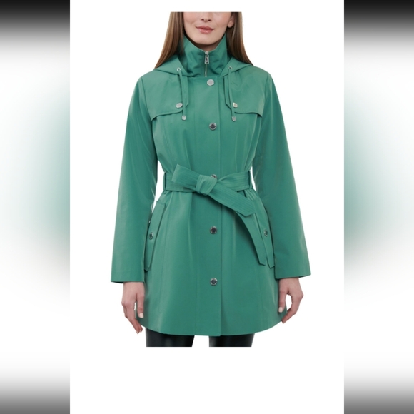 London Fog Women's Hooded Belted Zip-Front Rain Coat Size: L Color: Sage (EUC) - Picture 1 of 8